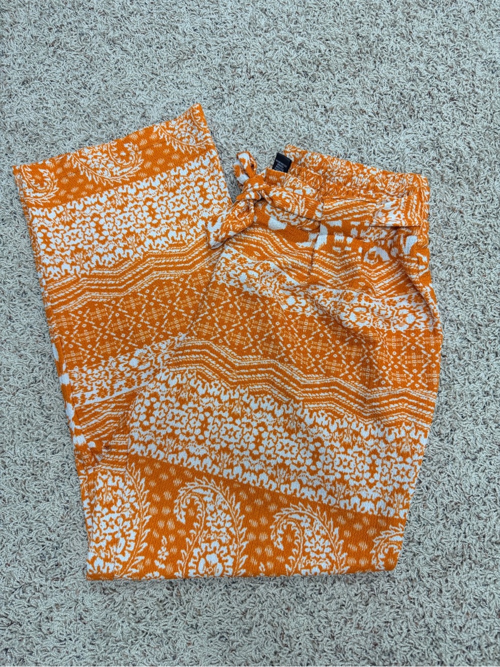 Soho Apparel Orange and White Textured Tie-Waist Pants